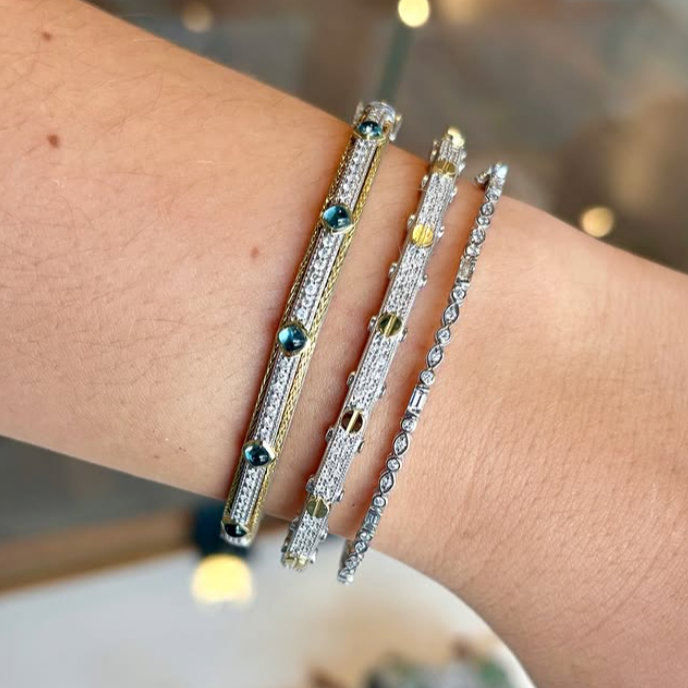 Mixed Metal Double Woven Rope Trim Stones and Diamond Bangle