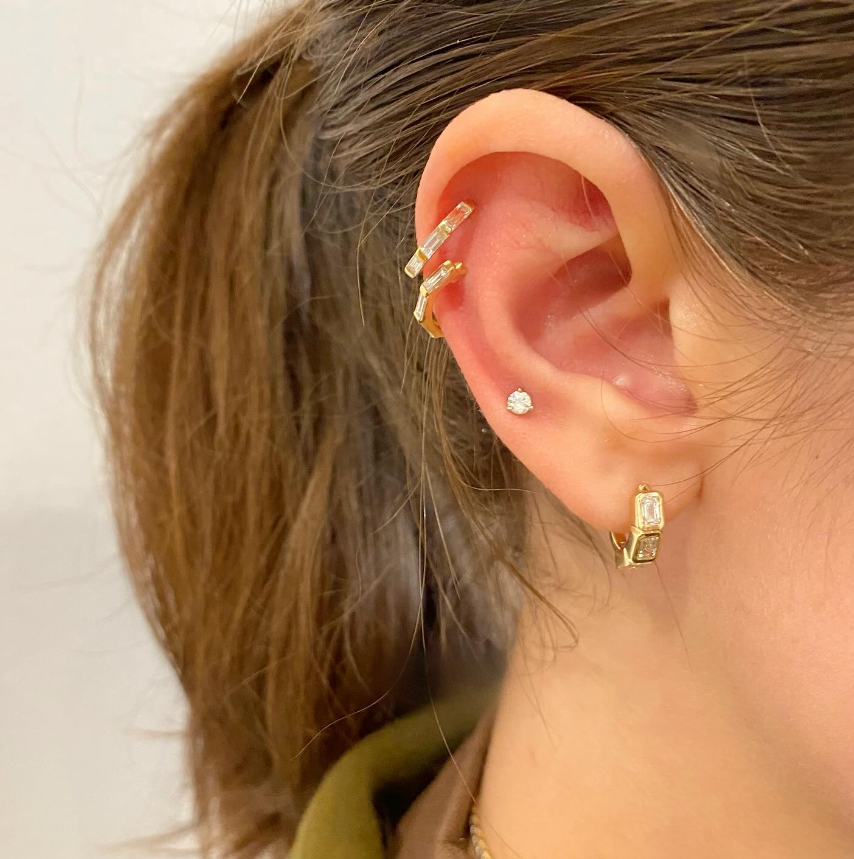 Emerald Cut Diamond Bezel Huggies