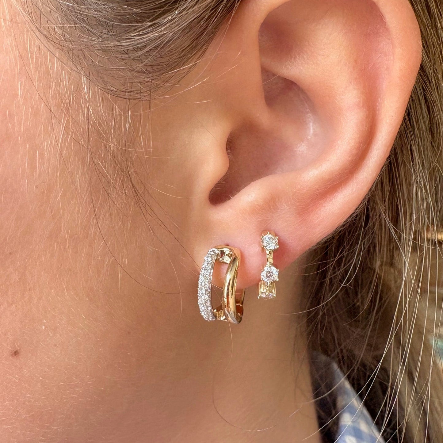 Gold Triple Diamond Huggie Earrings