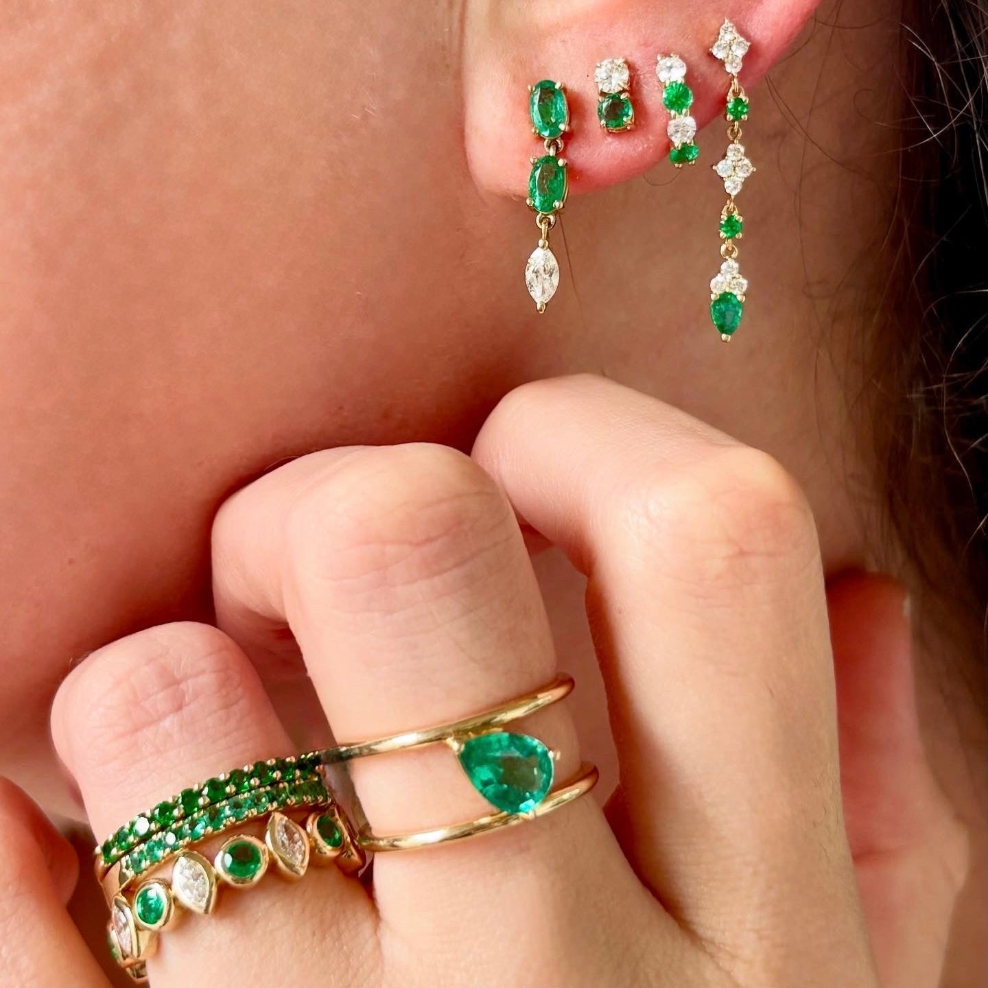 Round Diamond & Emerald Huggie Earrings