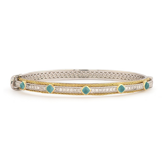 Mixed Metal Double Woven Rope Trim Stones and Diamond Bangle