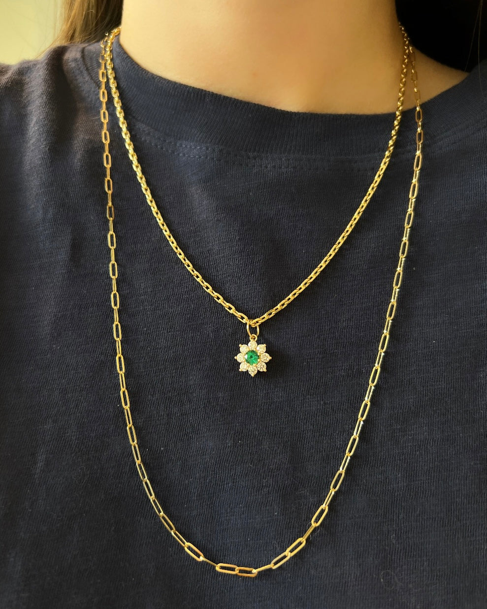 Emerald and Diamond Halo Flower Pendant