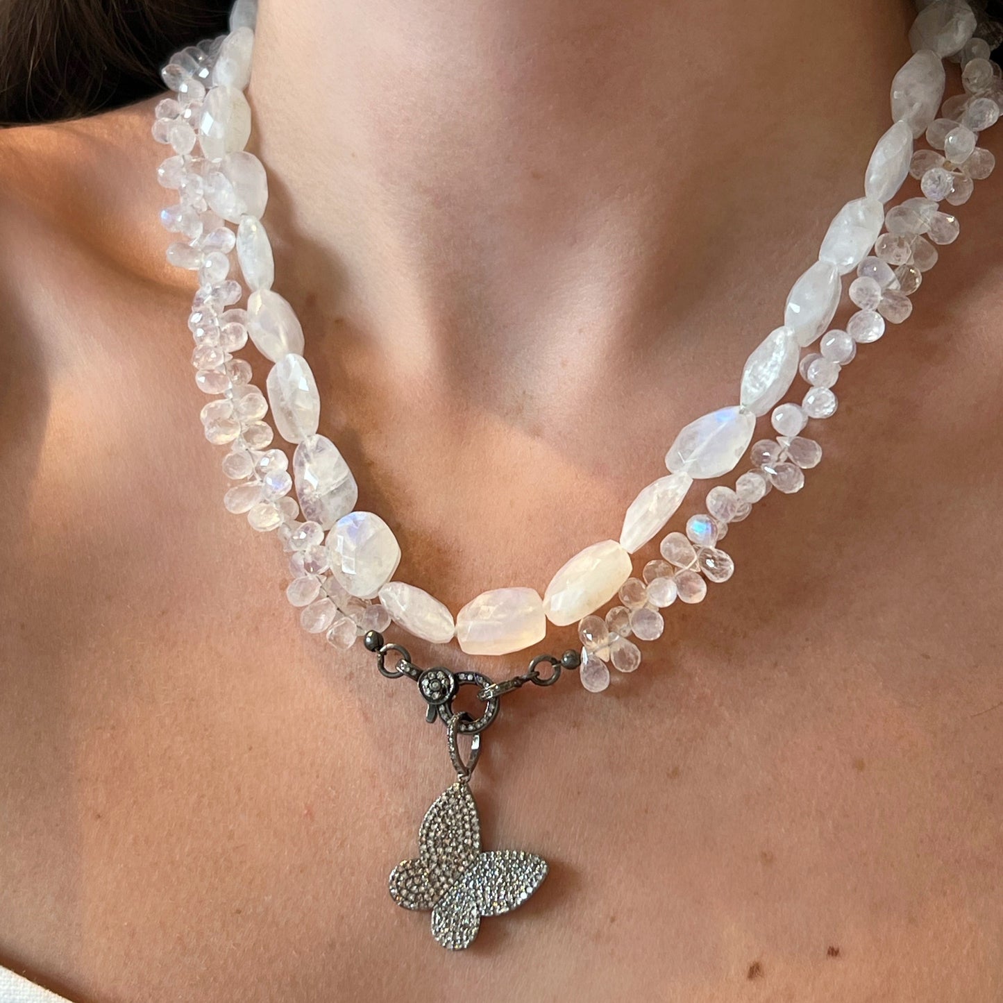 Moonstone Clusters Necklace with Diamond Clasp