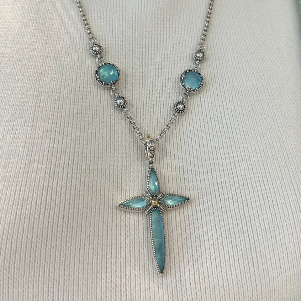 Sterling Silver Rock Crystal & Aquamarine Cross Pendant
