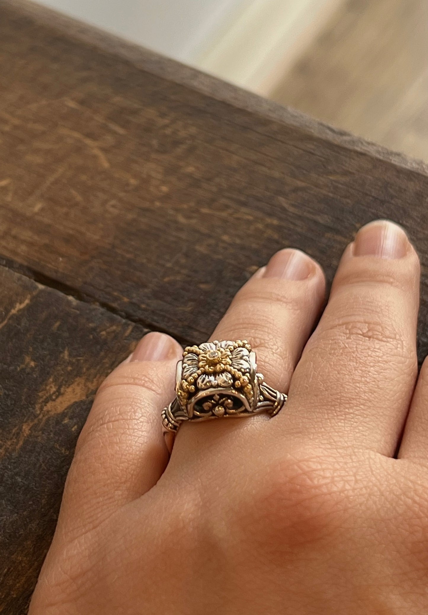 Square Mixed Metal Ring with Diamond Accent