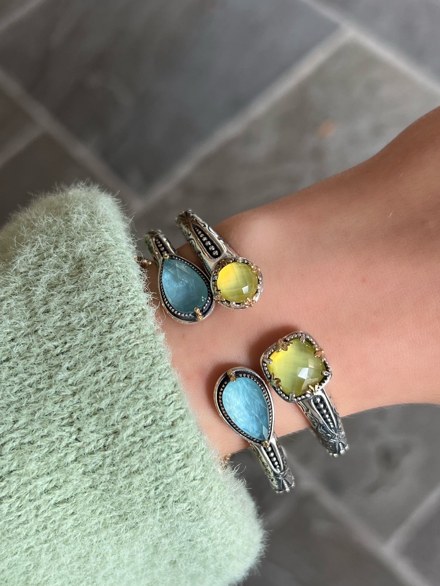 Sterling Silver Rock Crystal & Yellow Agate Cuff