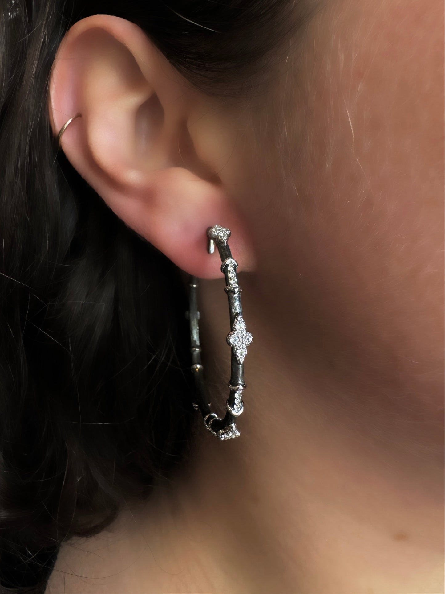 Silver Large Moroccan Hoop Earrings with White Topaz