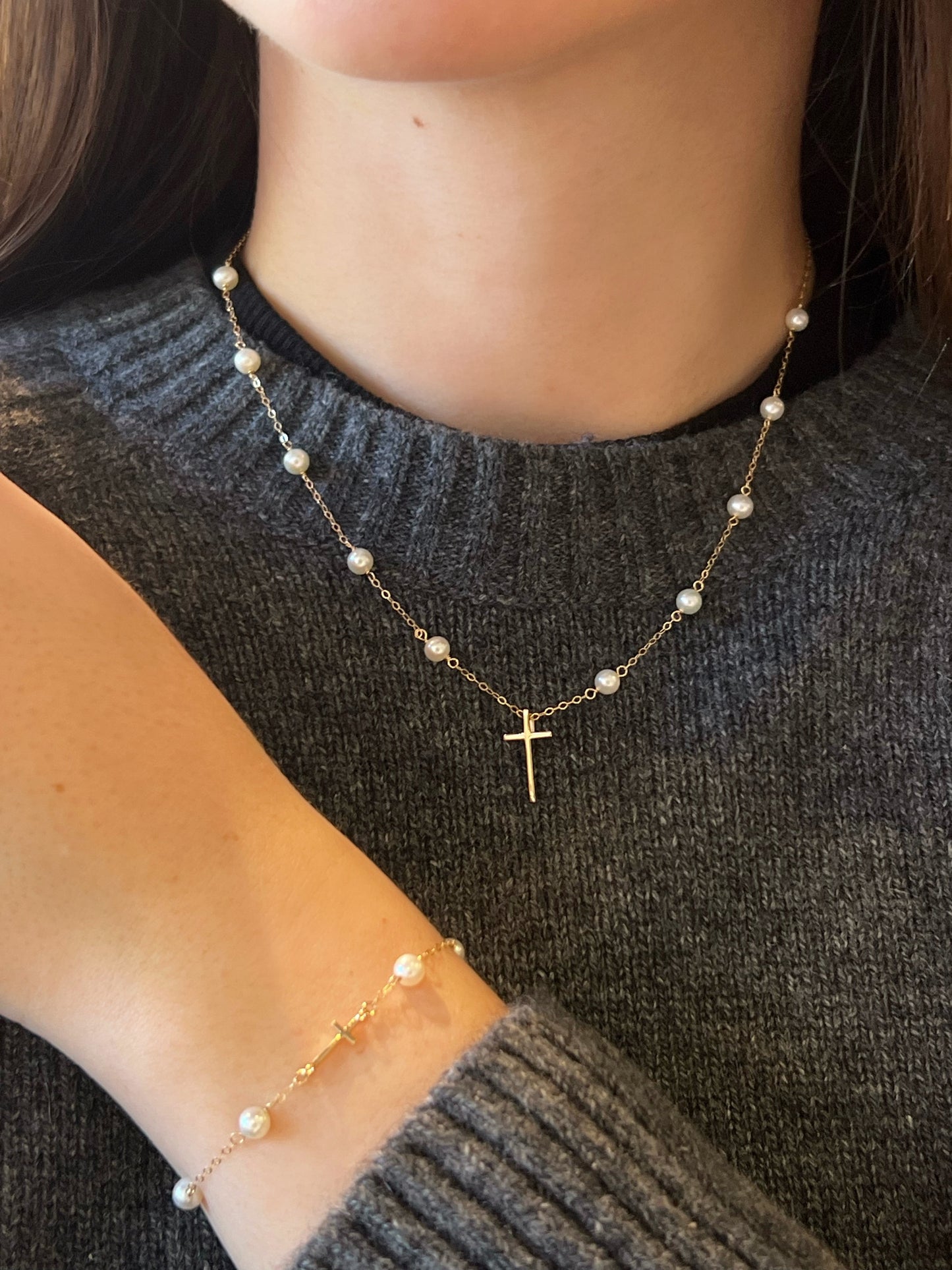 Pearl Station Necklace with Gold Cross Pendant