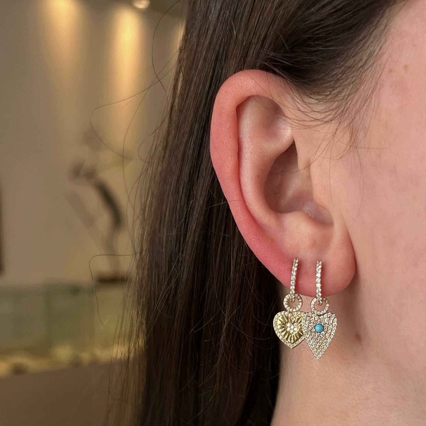 Pave Diamond Heart Earring Charms with Turquoise