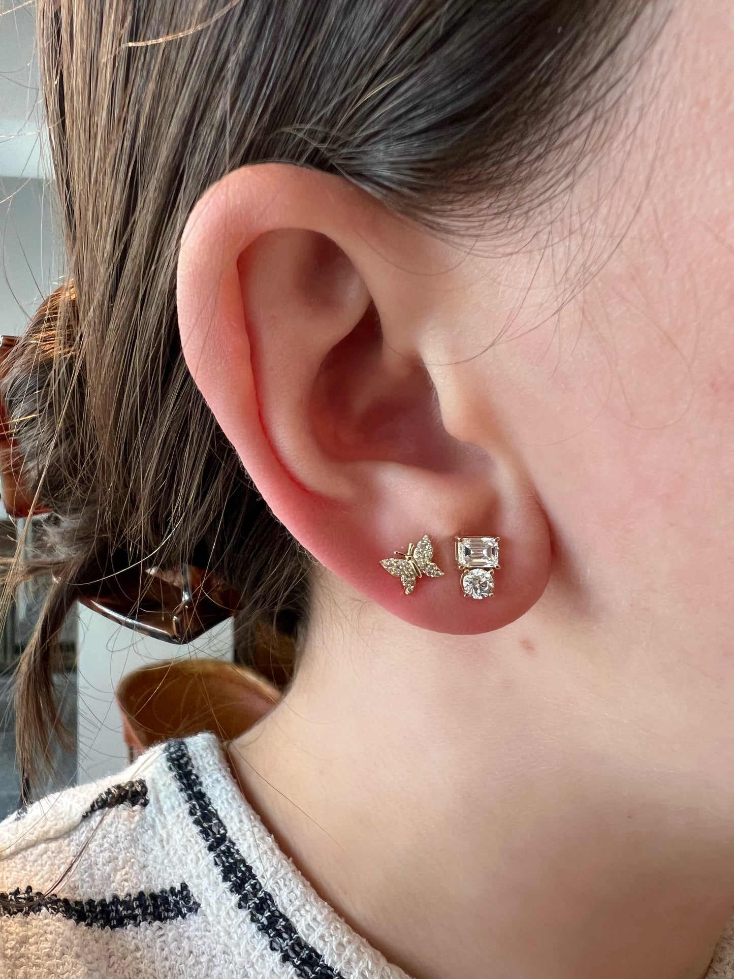 Round & Emerald Cut Diamond Earrings