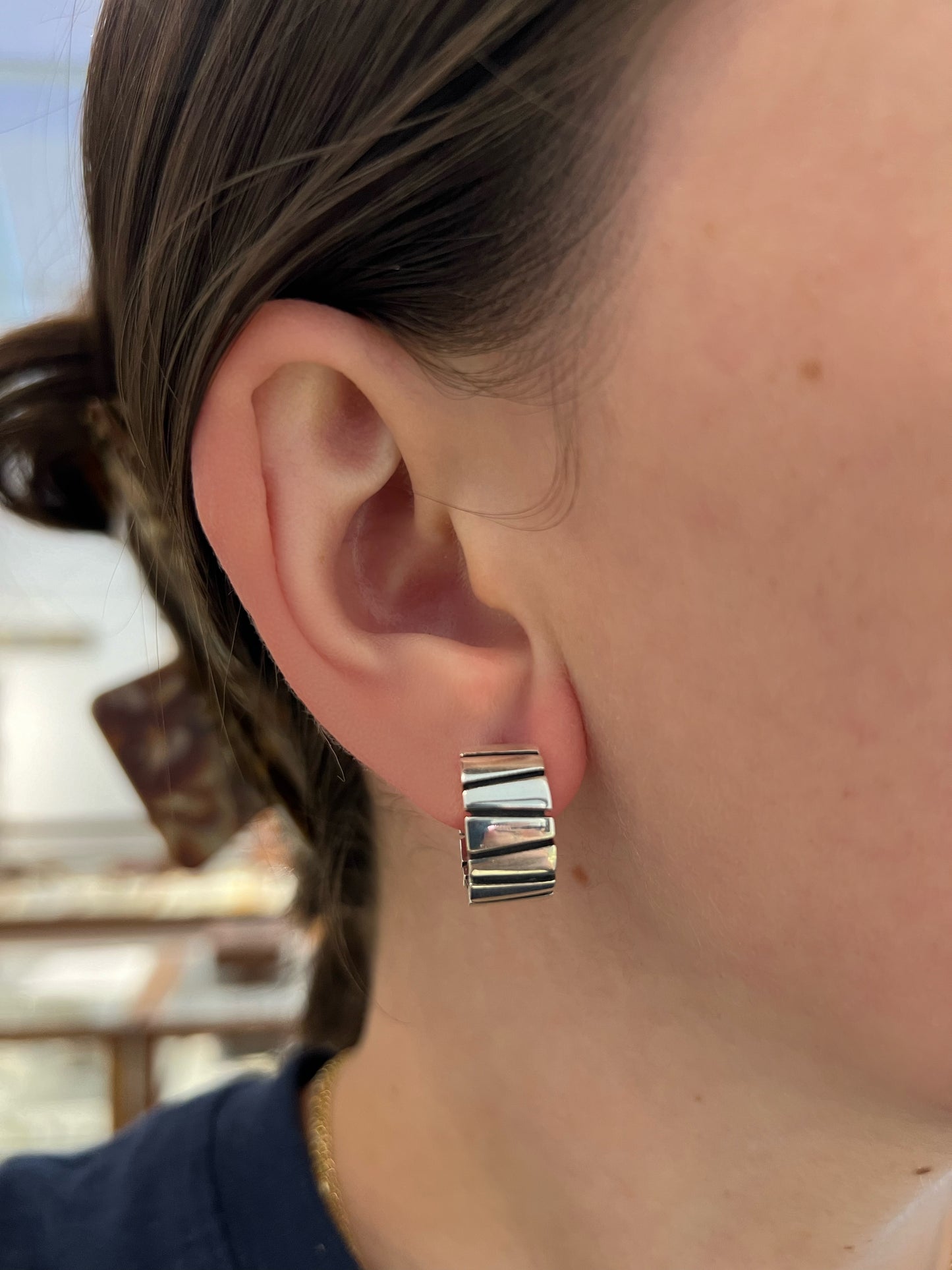 Trapezoid Design Silver Snap Hoops