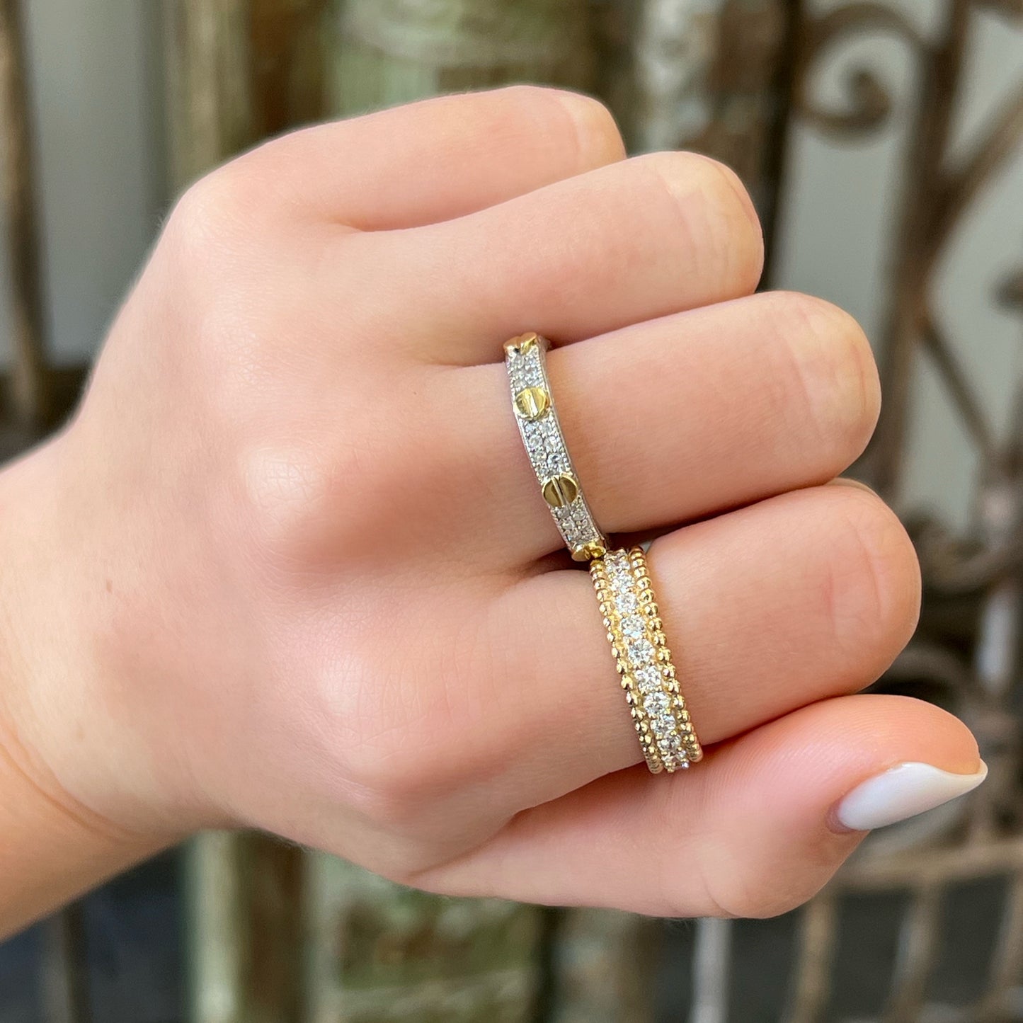 Mixed Metal Diamond Pave Nail Head Band