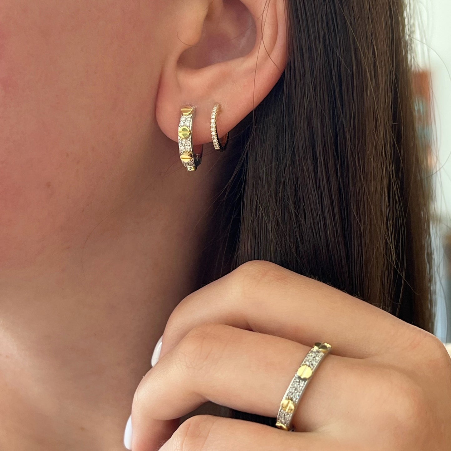 Mixed Metal Diamond Pave Nail Head Band