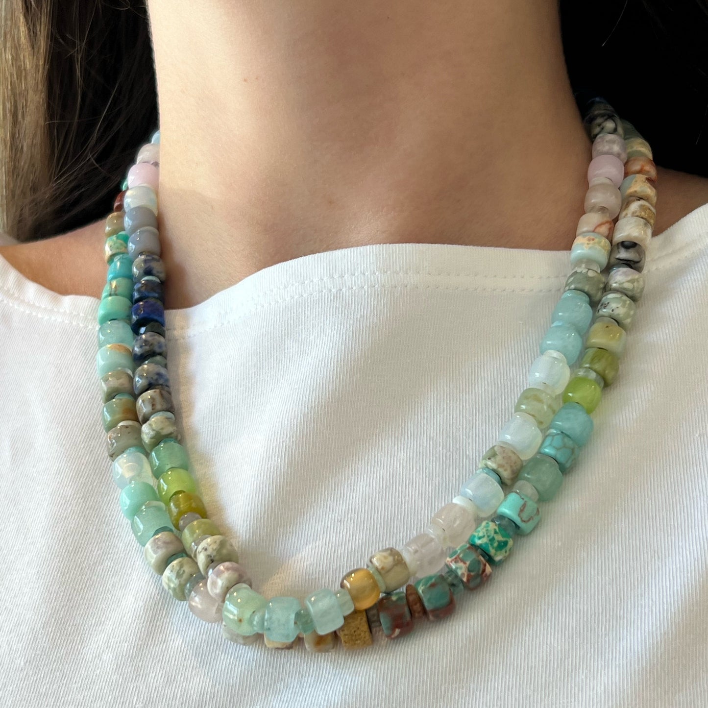 Mixed-Stone & Lapis Blue Trade Bead Necklace