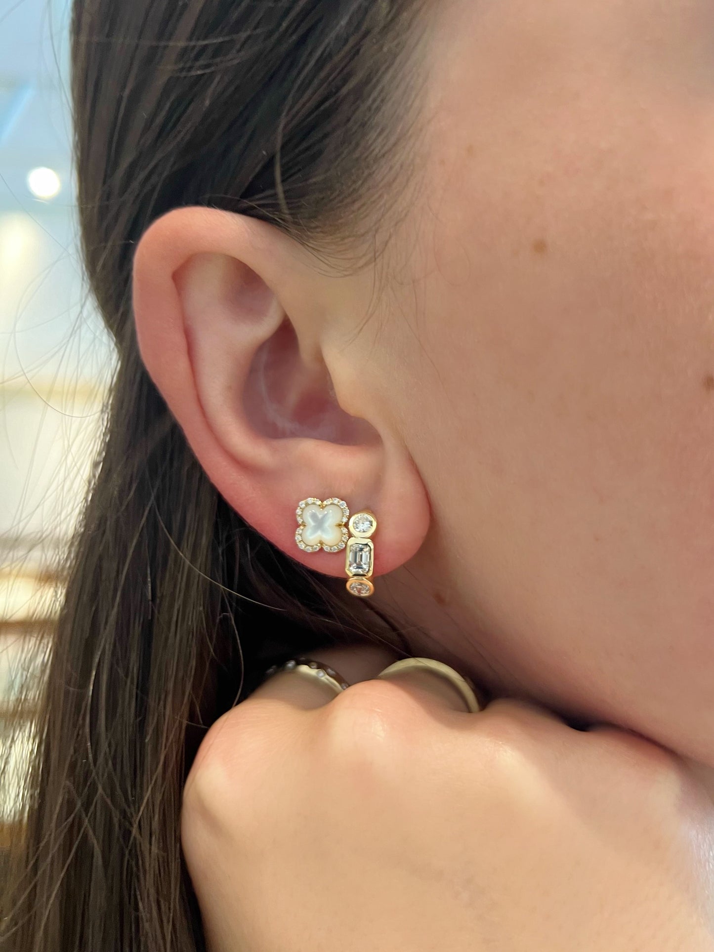 Alternating Round & Emerald Cut Diamond Huggie Earrings