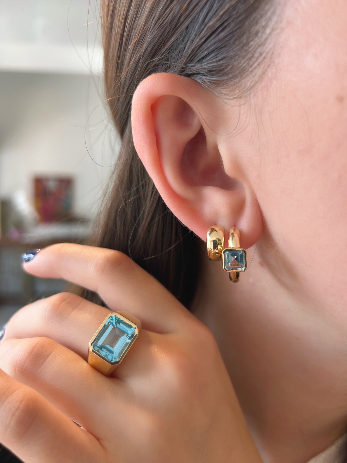 Princess Step Cut Topaz Huggie Earrings
