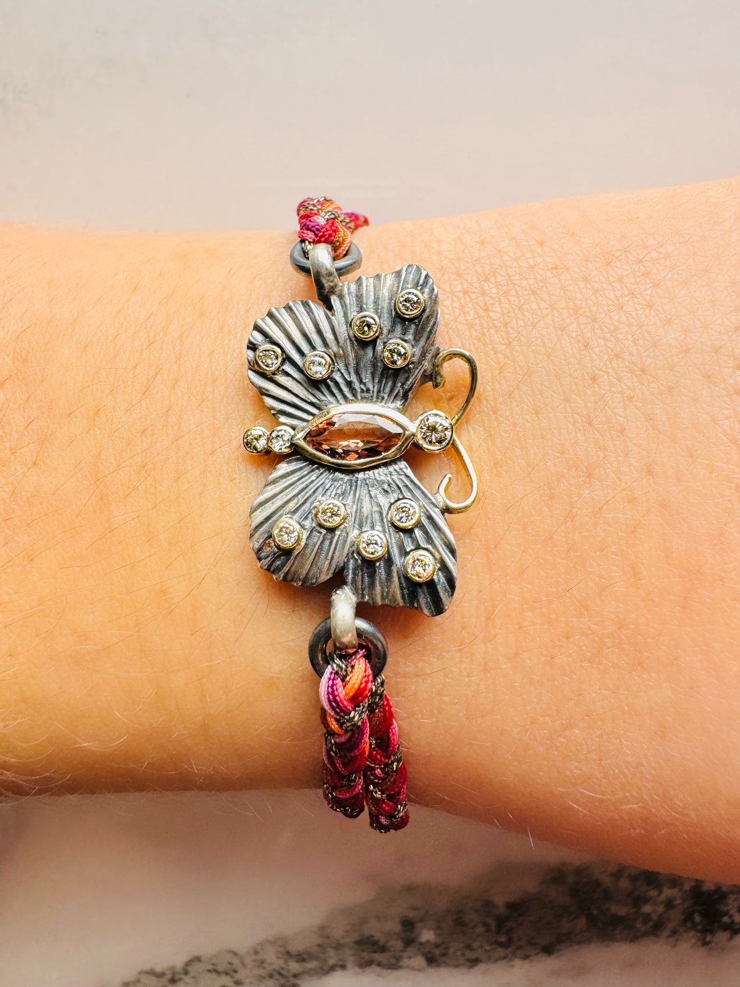 Pink Tourmaline and Diamond Butterfly Bracelet