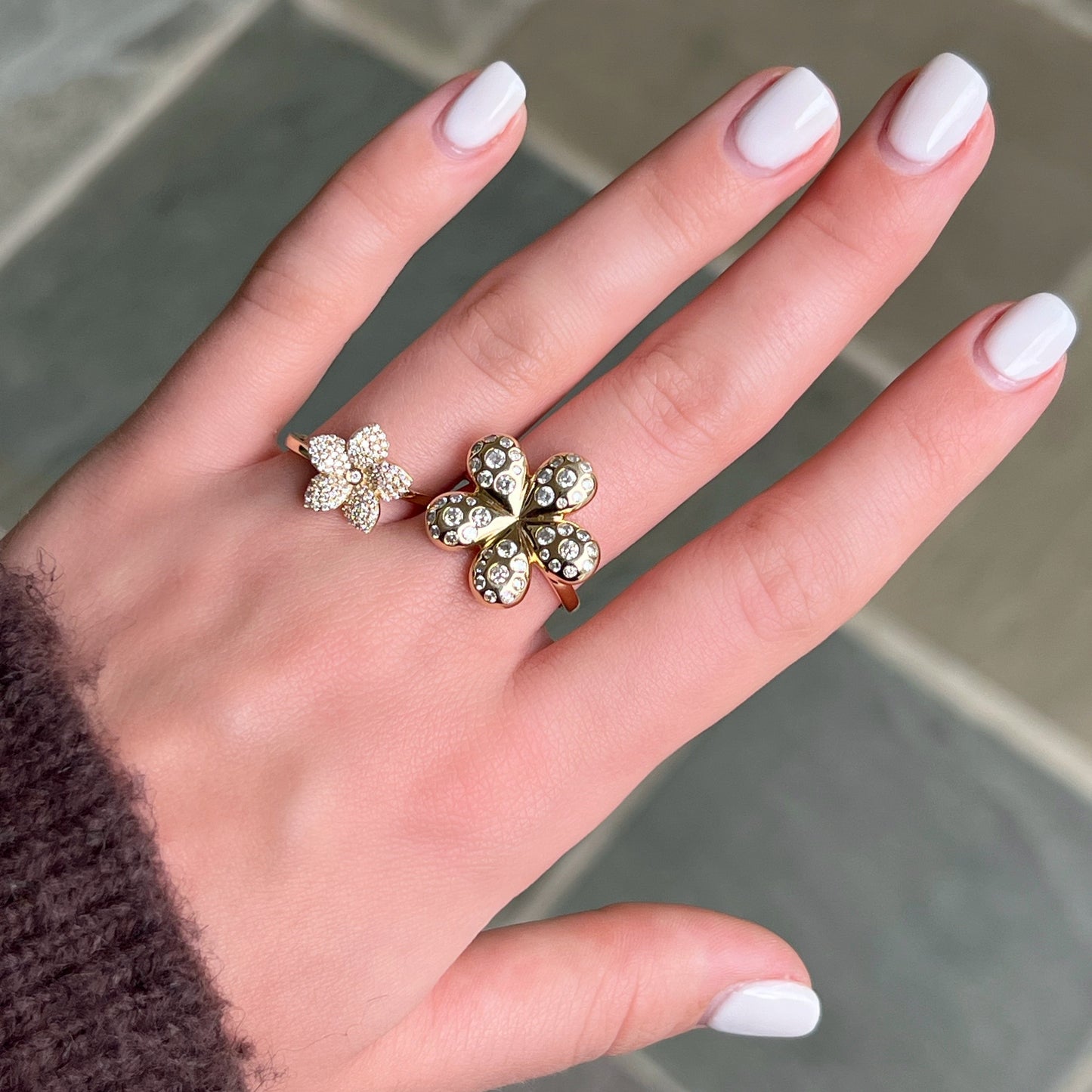 Yellow Gold Flower Ring with Burnished Diamonds