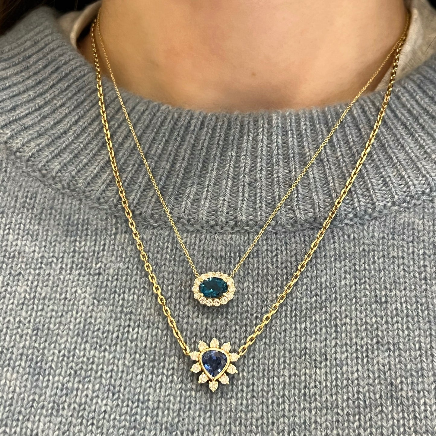 Oval London Blue Topaz Necklace with Diamond Halo