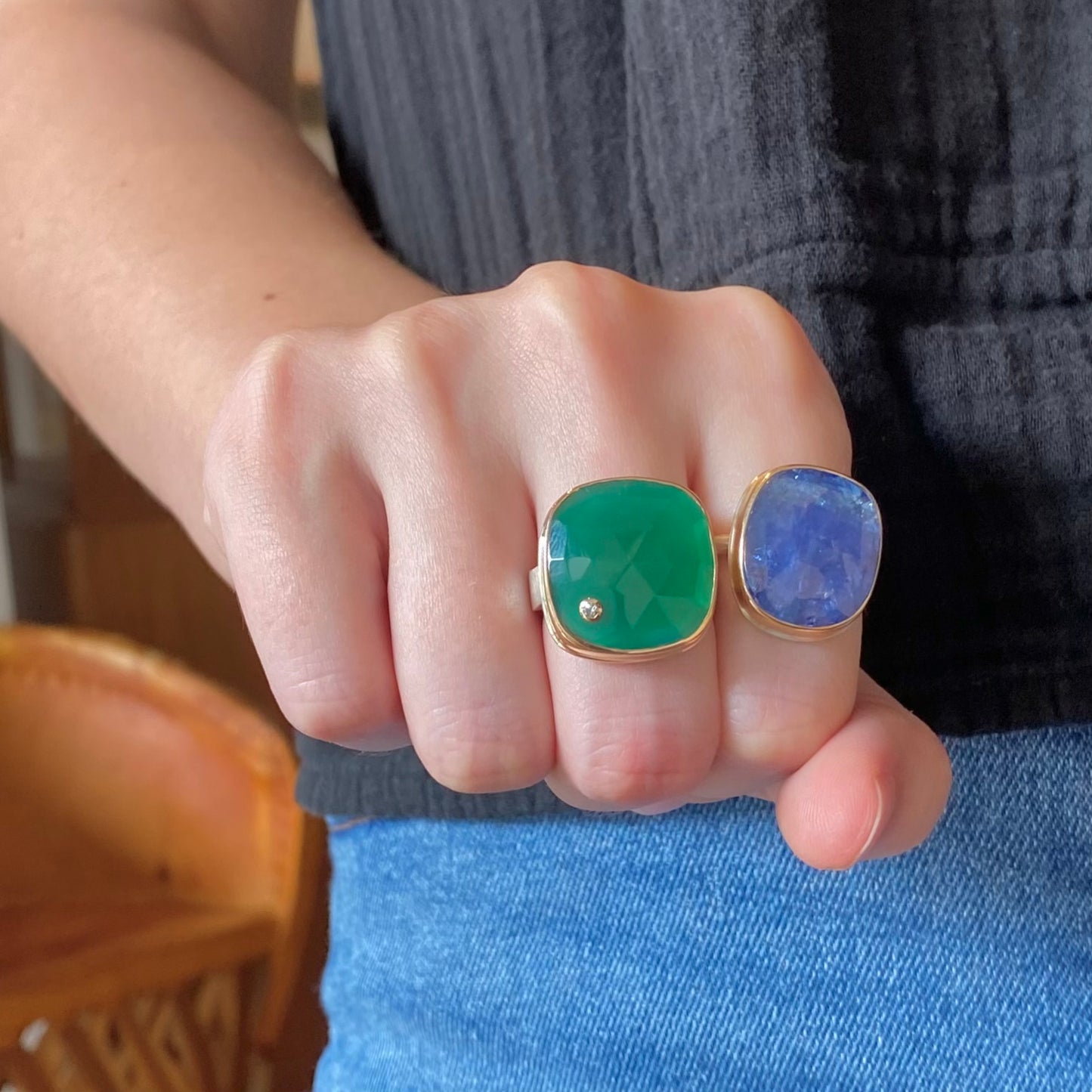 Green Onyx & Diamond Mixed Metal Ring