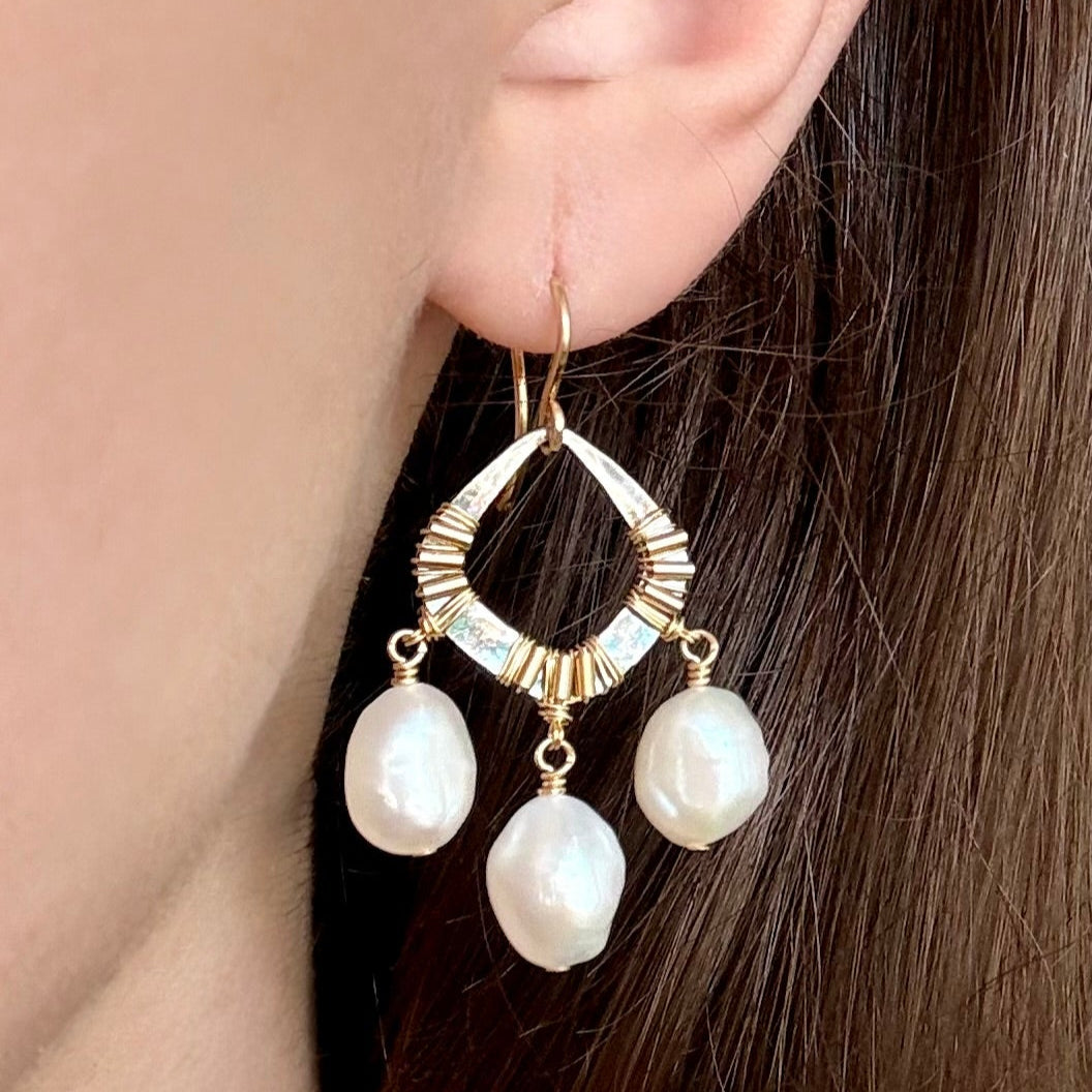 Pearl Trio Wire Wrap Earrings
