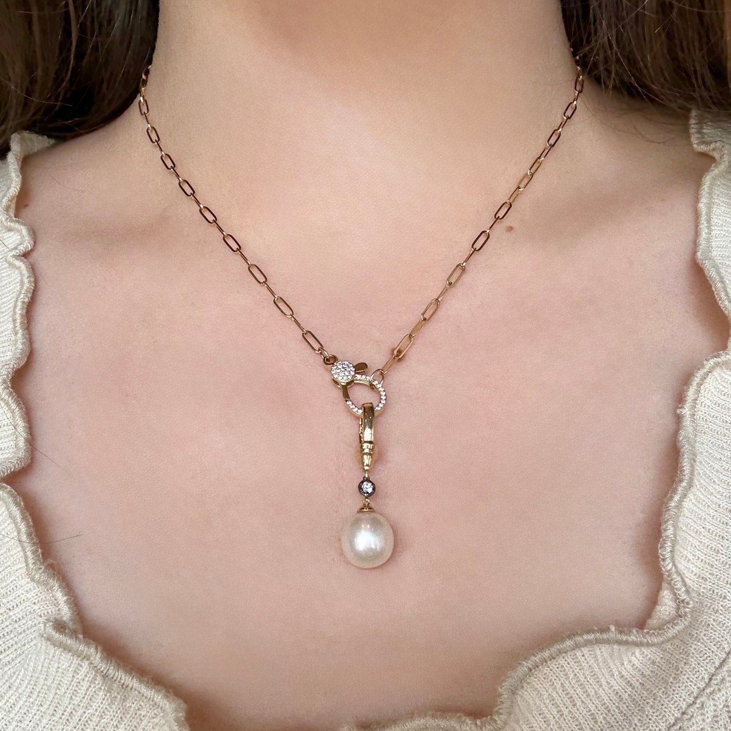 Pearl & Diamond Pendant with Black Rhodium Bezel