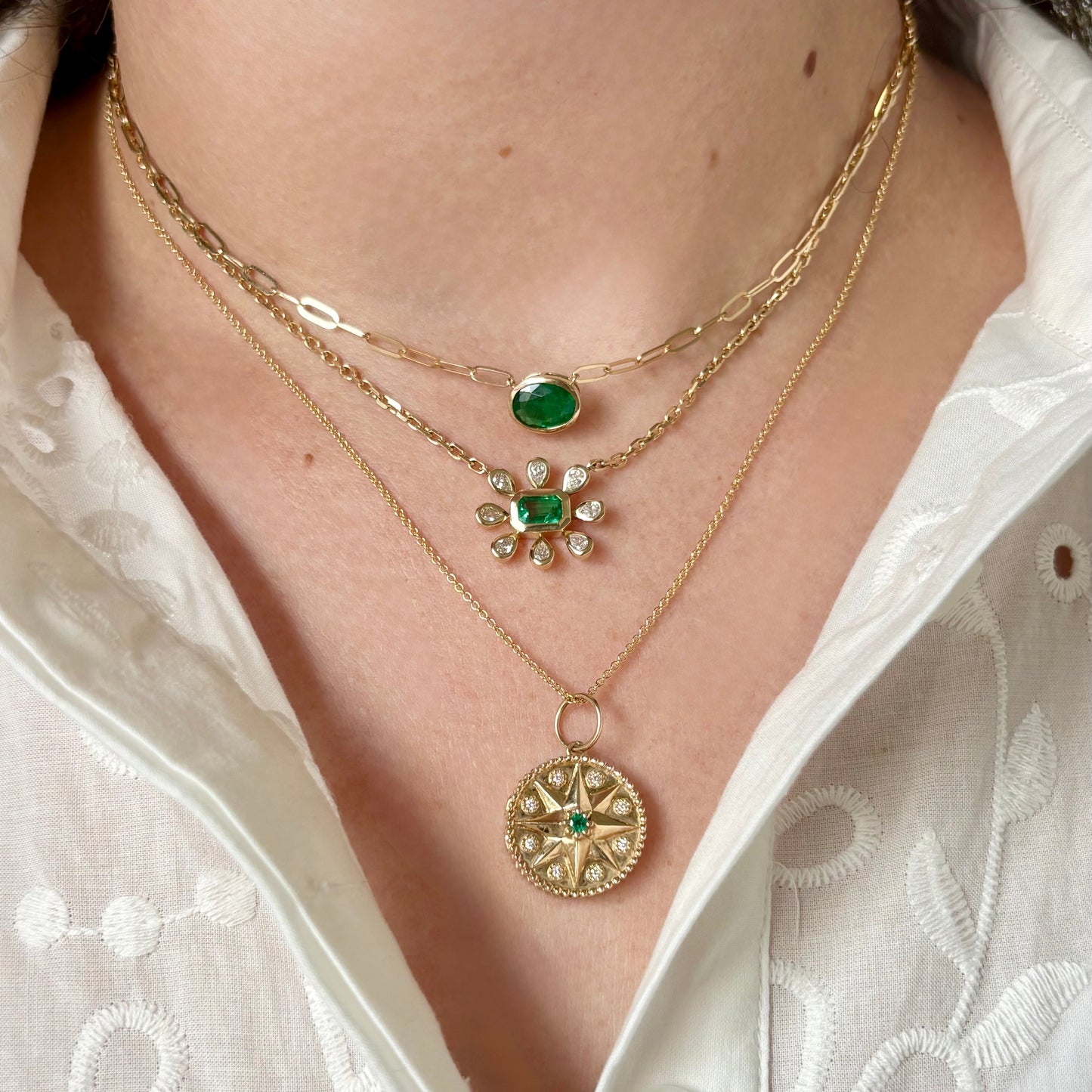 Compass Locket Charm with Emerald and Diamonds