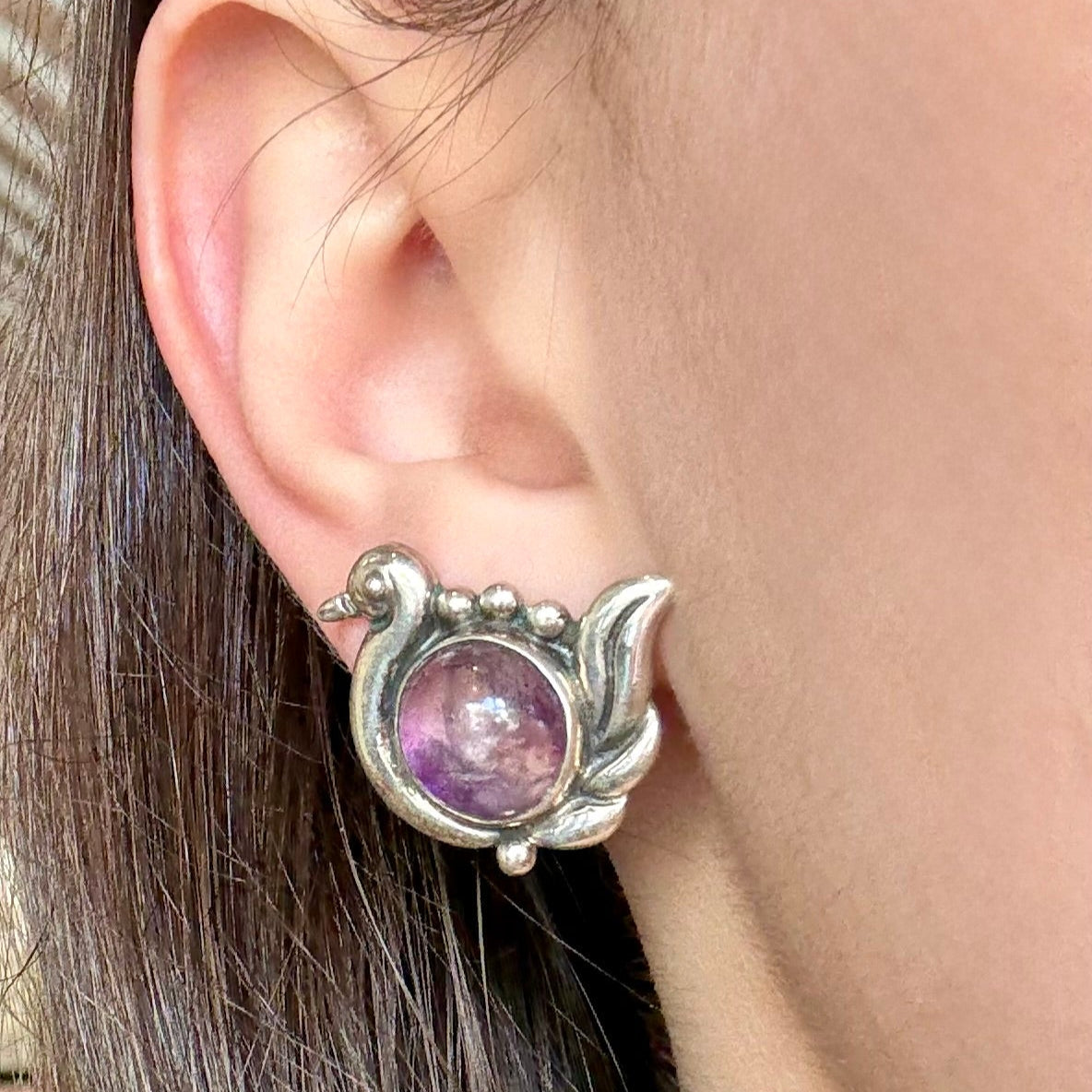 Amethyst & Silver Bird Earrings