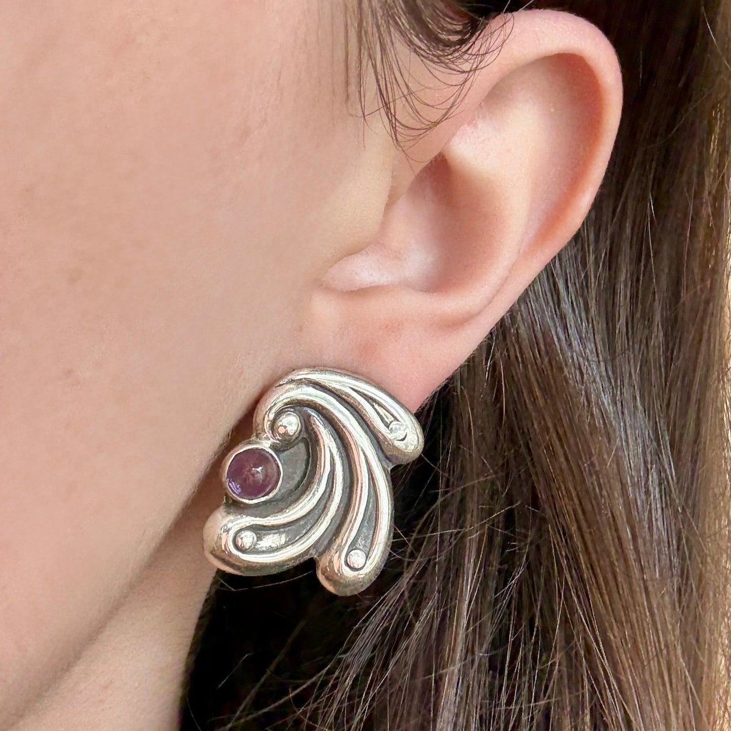 Cabochon Amethyst & Silver Swirl Earrings