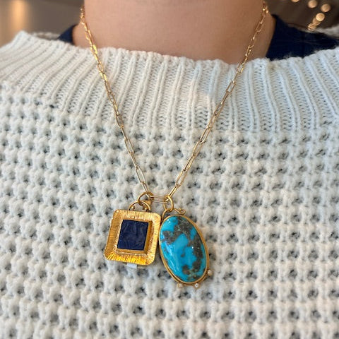 24k Yellow Gold & Sterling Silver Diamond & Oval Turquoise Charm