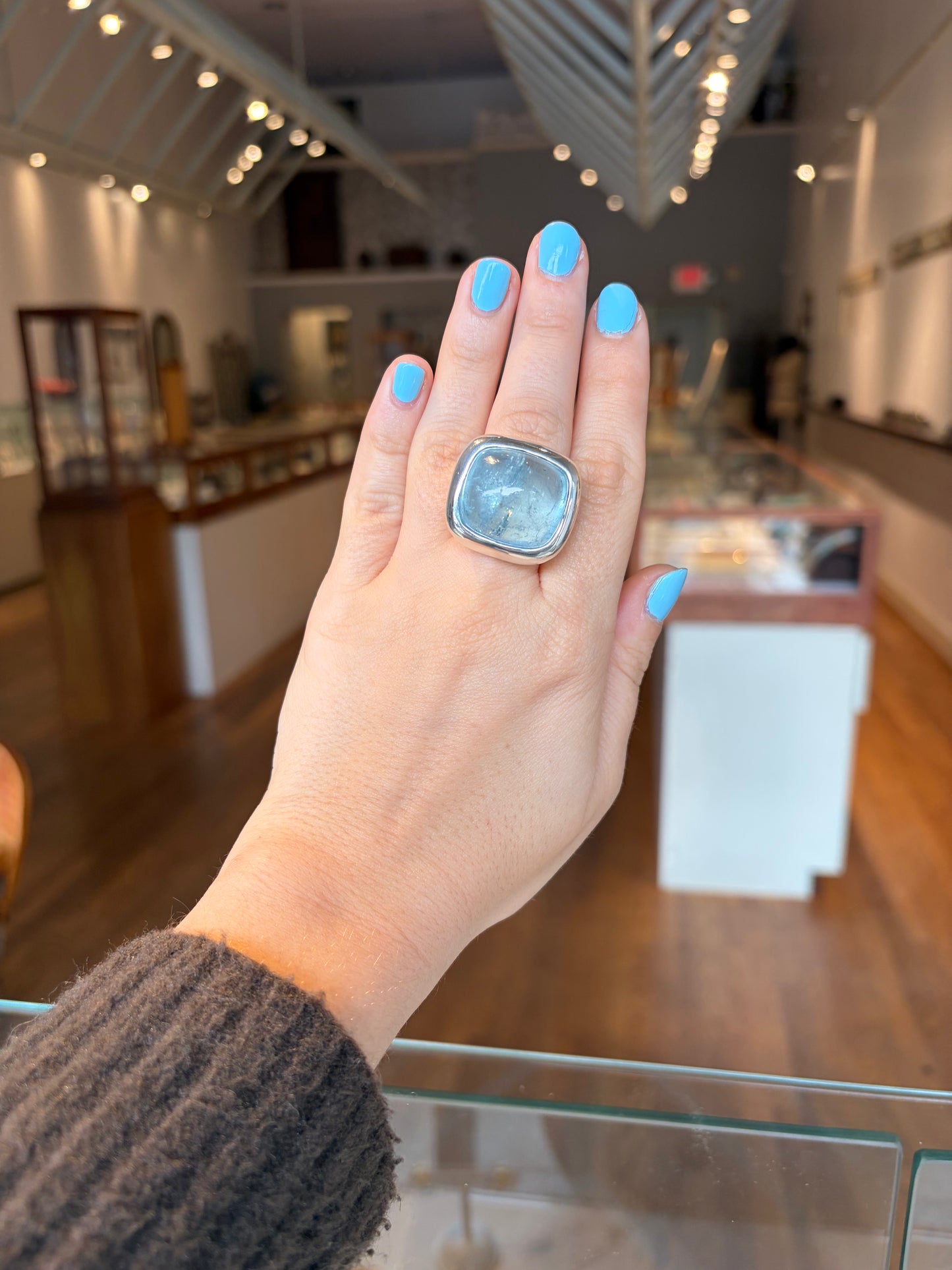 Aquamarine Cushion Cut Sterling Silver Ring