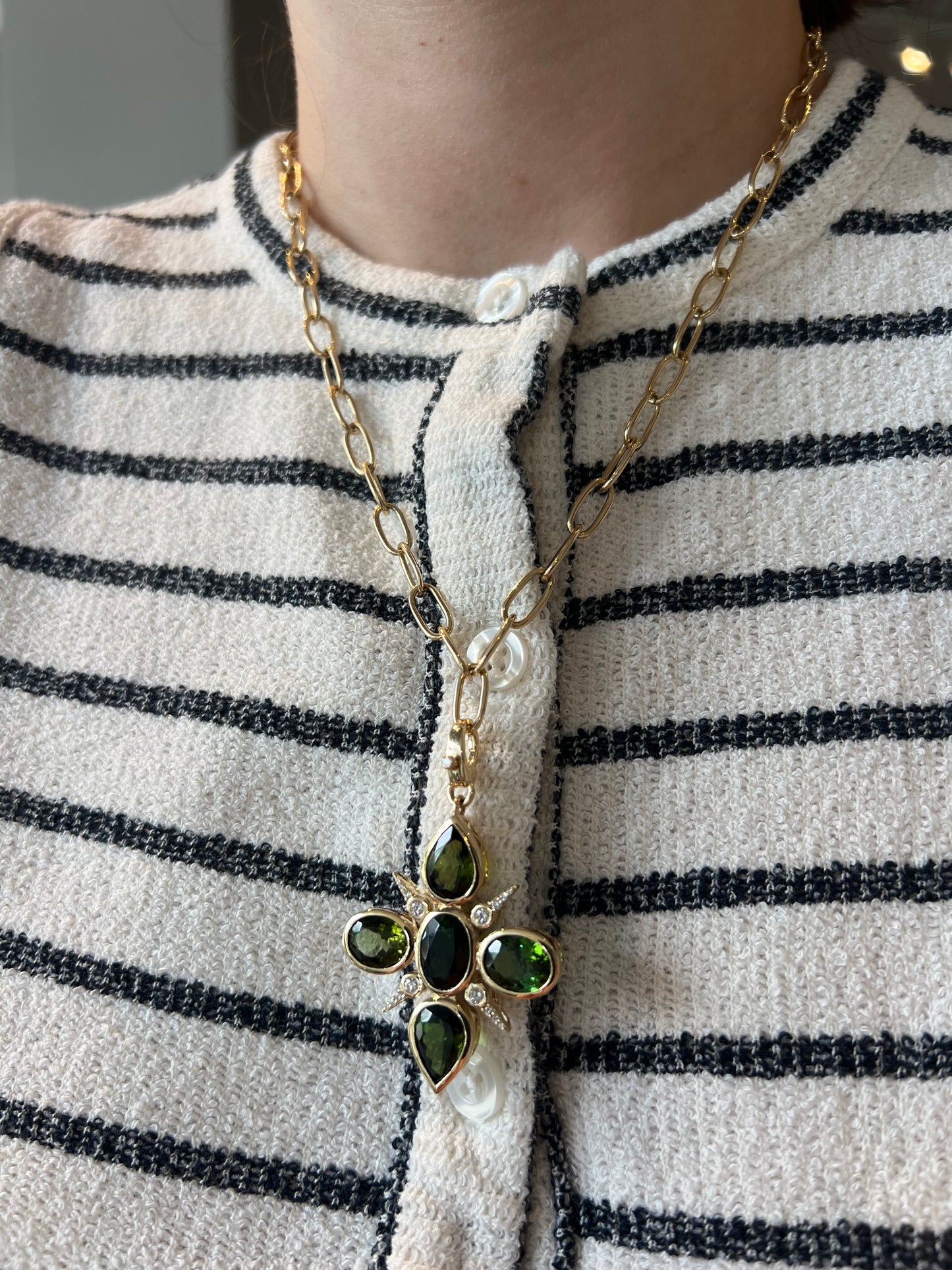 Bezel Set Green Tourmaline and Diamond Pendant