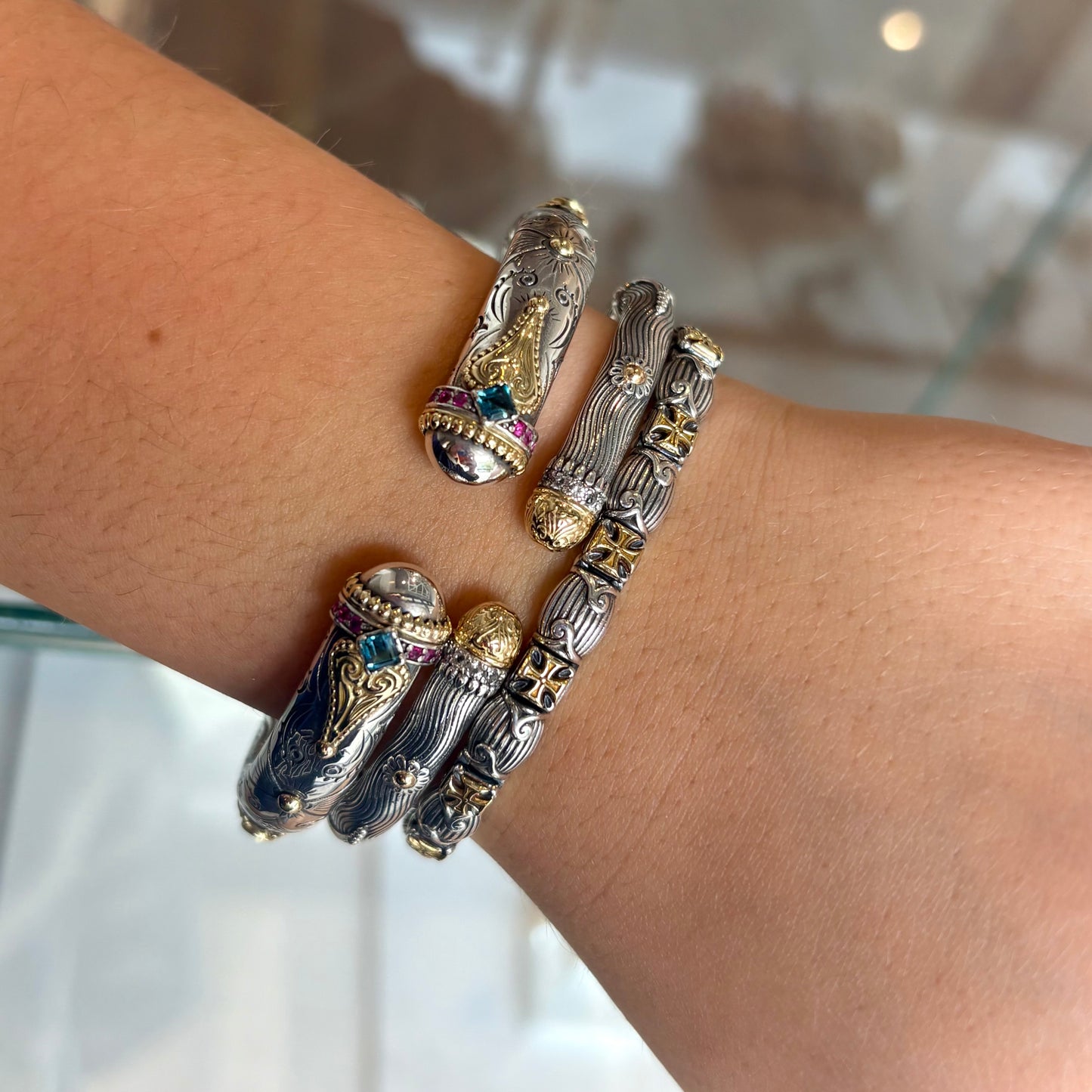 White Sapphire Mixed Metal Hinge Bracelet