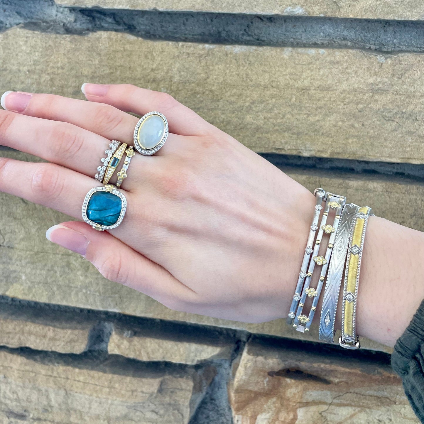 Mixed Metal Large Moroccan Pave Diamonds and Labradorite Doublet Ring