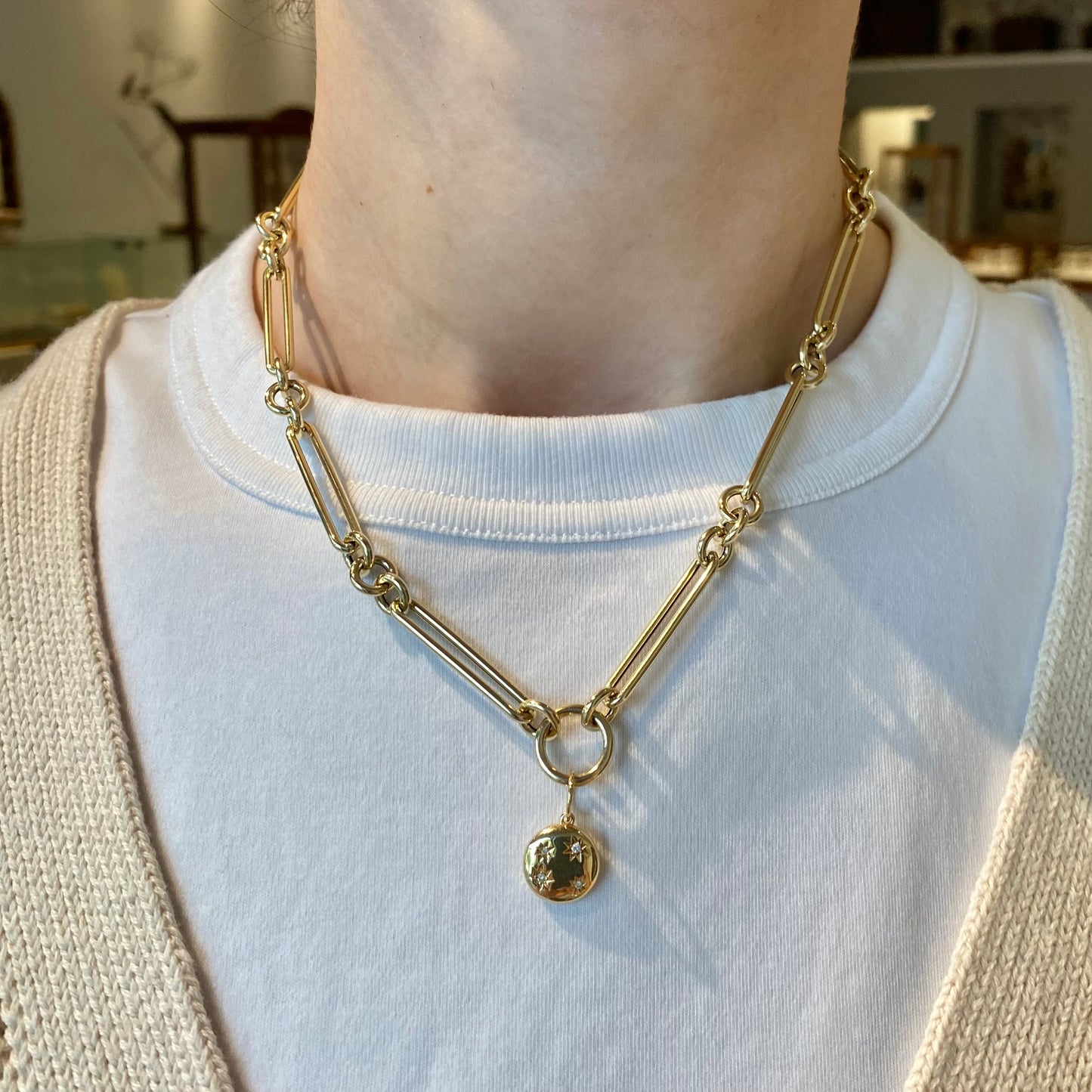Double Sided Diamond & Gold Disc Pendant
