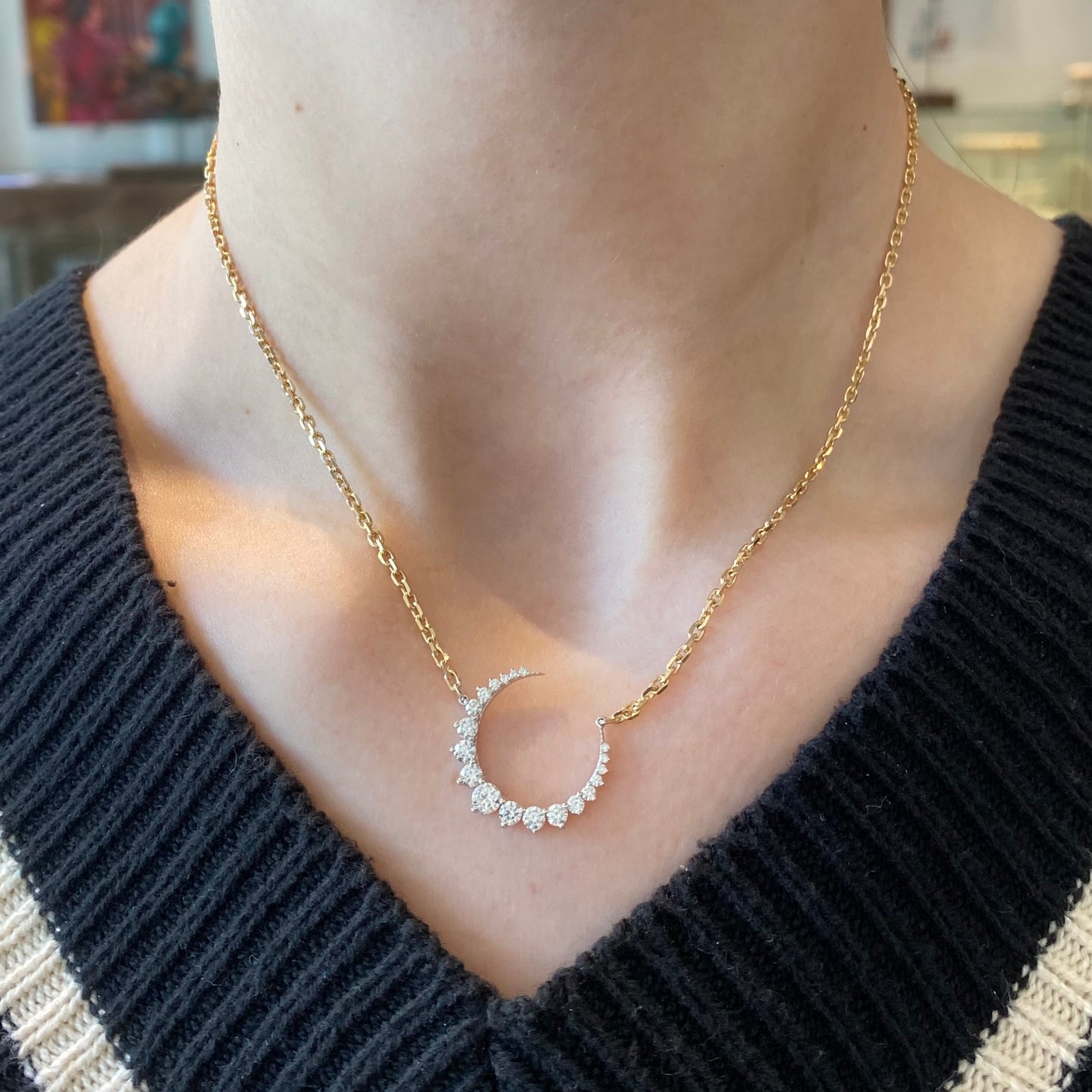 Graduated Diamond Crescent Yellow Gold Necklace