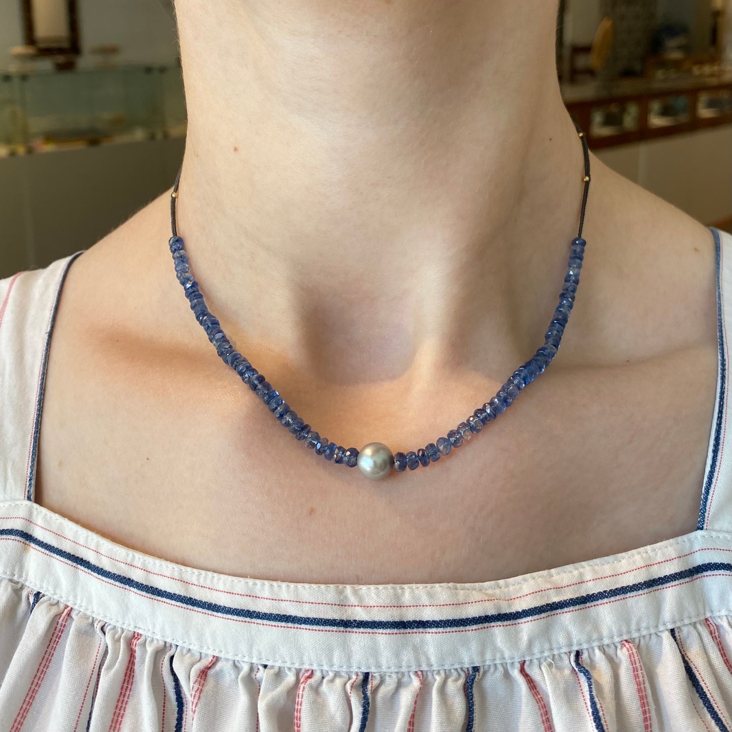 Kyanite & Silver Pearl Necklace