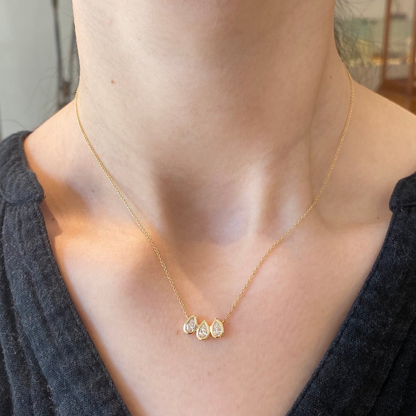 Three Pear Diamond Bezel Necklace