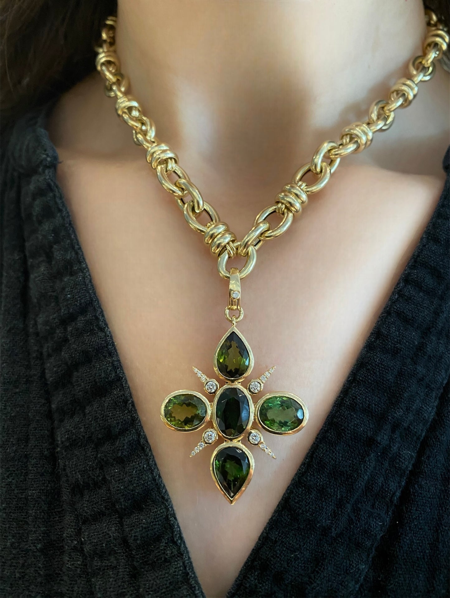 Bezel Set Green Tourmaline and Diamond Pendant