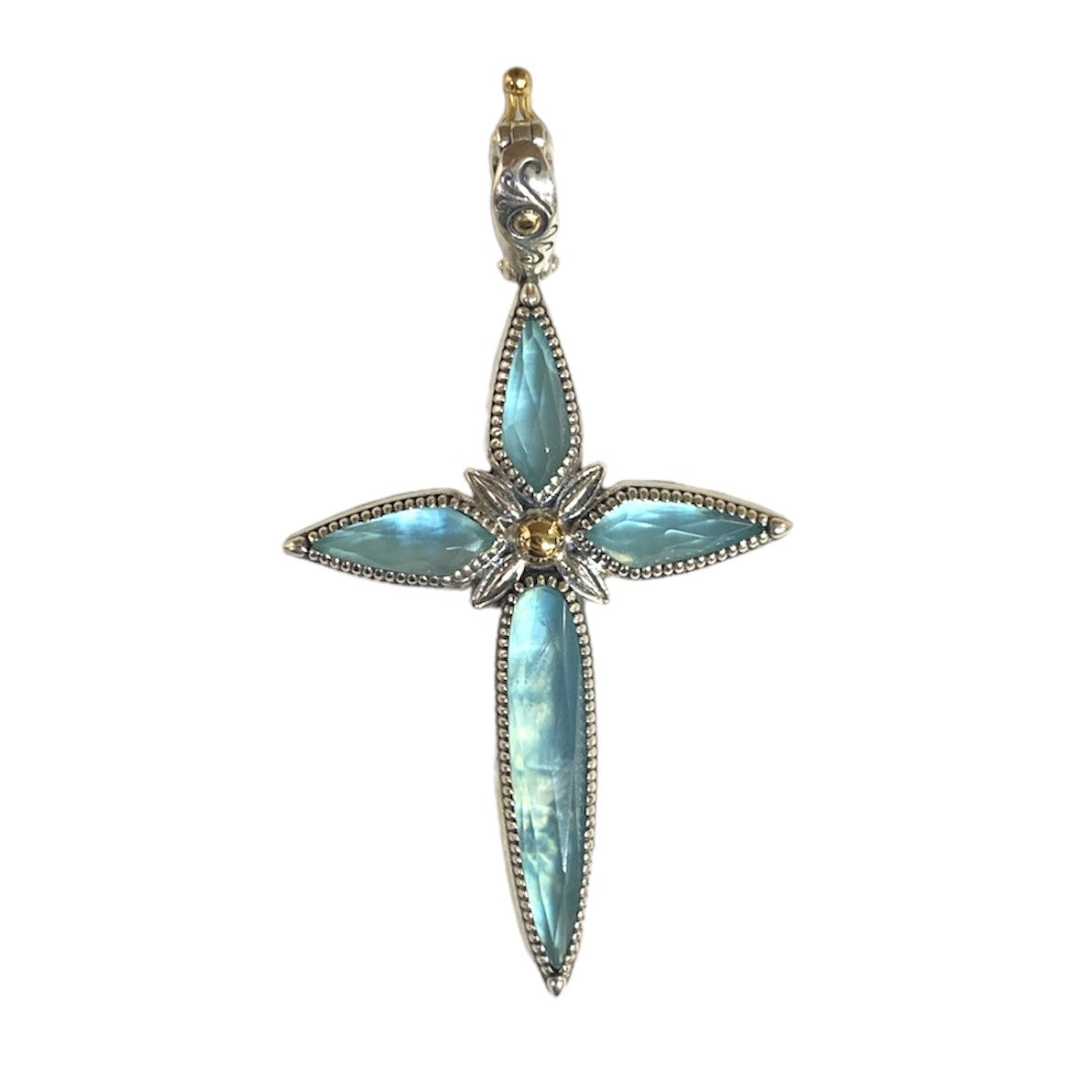 Sterling Silver Rock Crystal & Aquamarine Cross Pendant