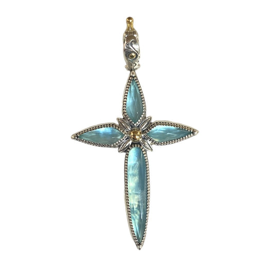 Sterling Silver Rock Crystal & Aquamarine Cross Pendant