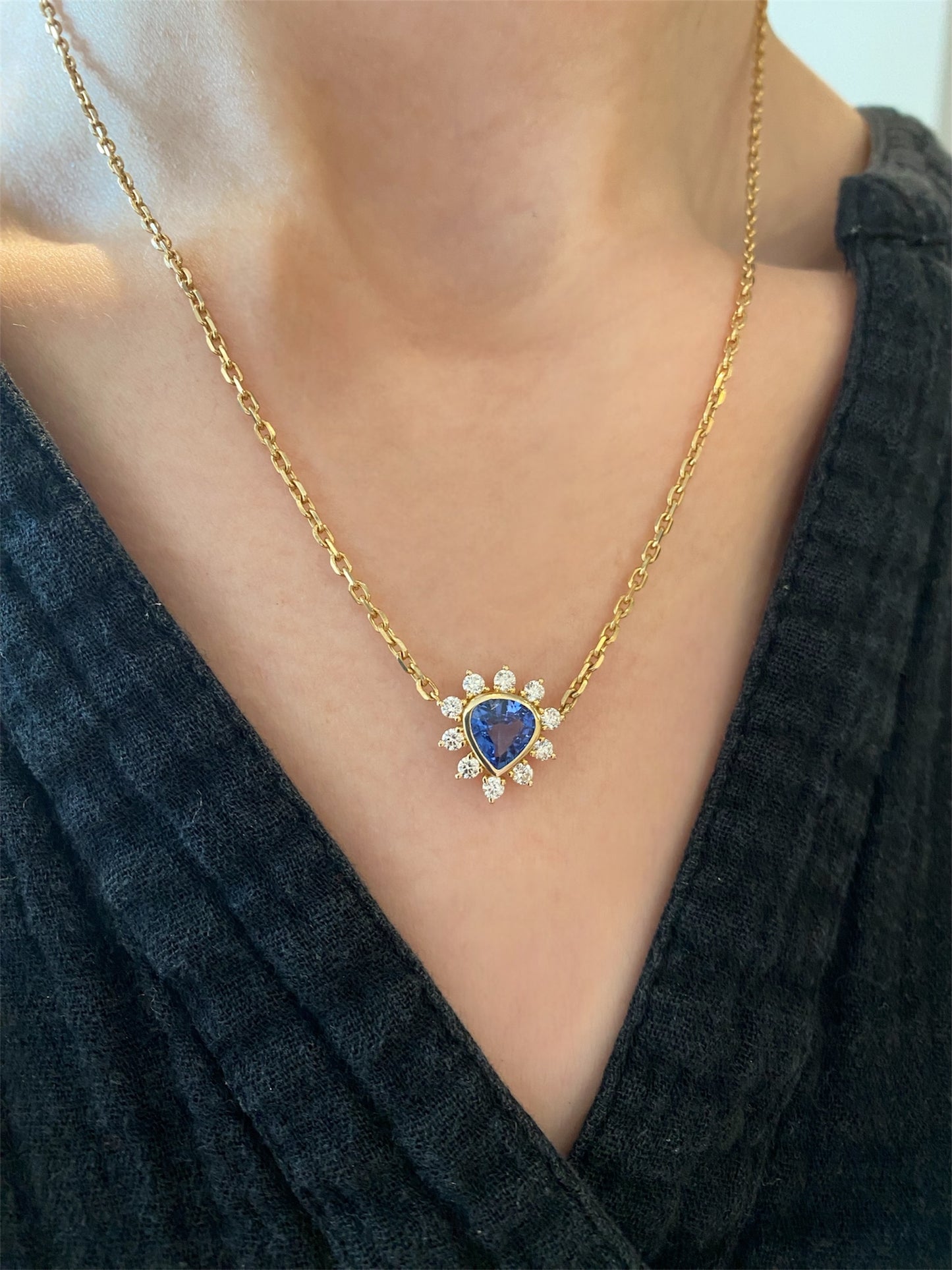 Blue Sapphire & Diamond Halo Necklace