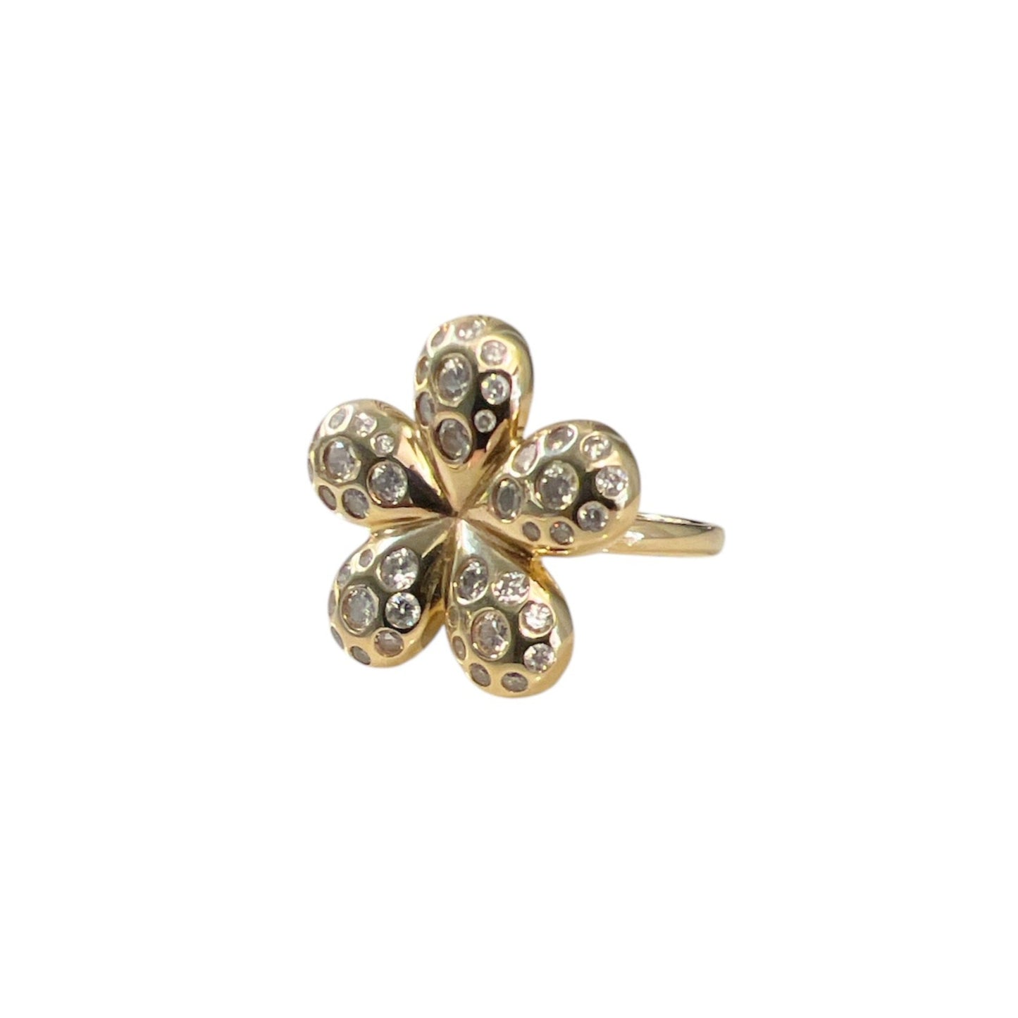 Yellow Gold Flower Ring with Burnished Diamonds