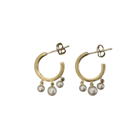 Brushed Hoops with Pearl Charms Earrings