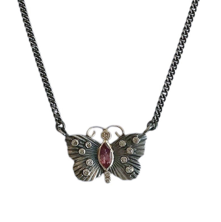 Pink Tourmaline and Diamond Butterfly Necklace