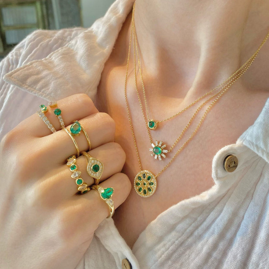 Open Diamond & Emerald Ring