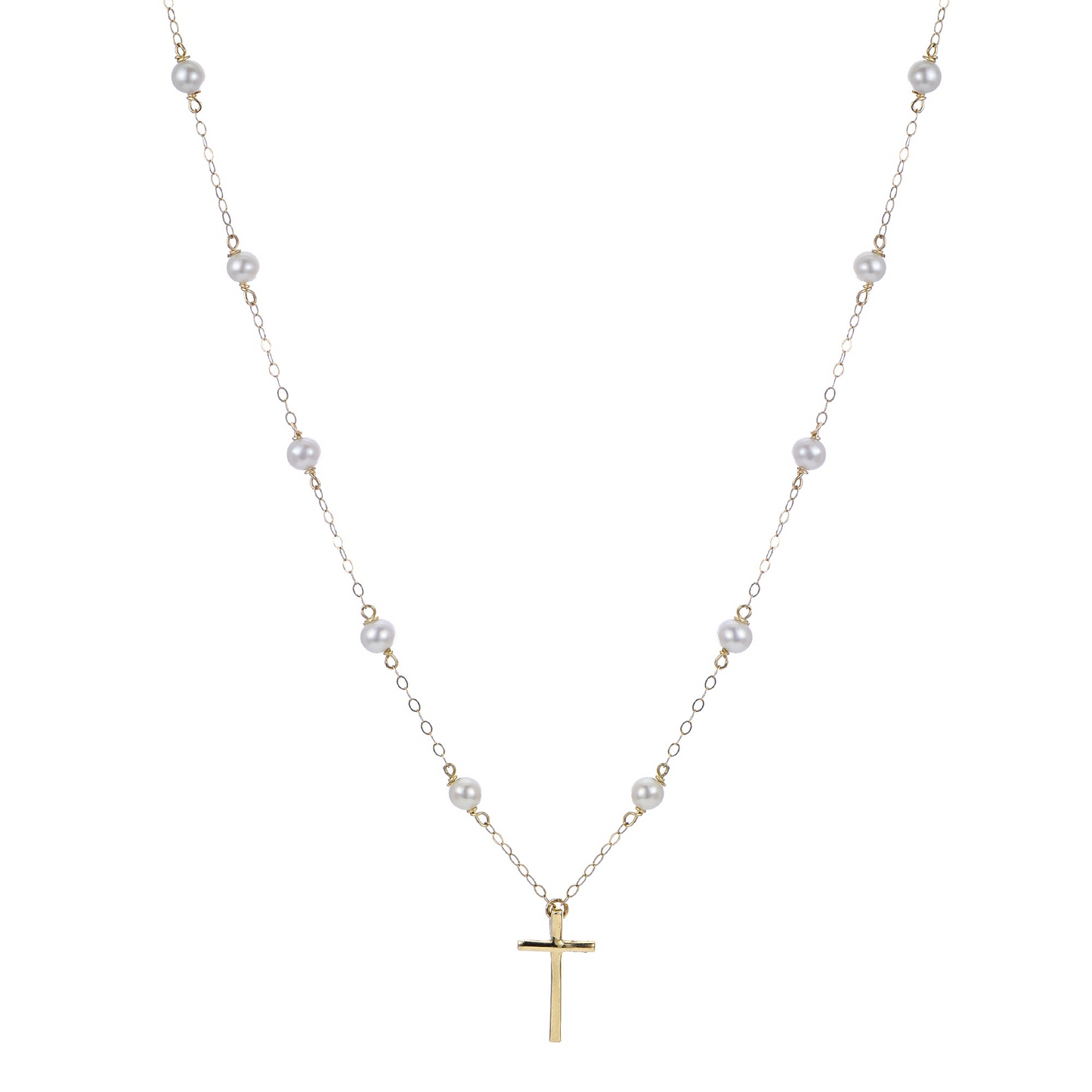 Pearl Station Necklace with Gold Cross Pendant