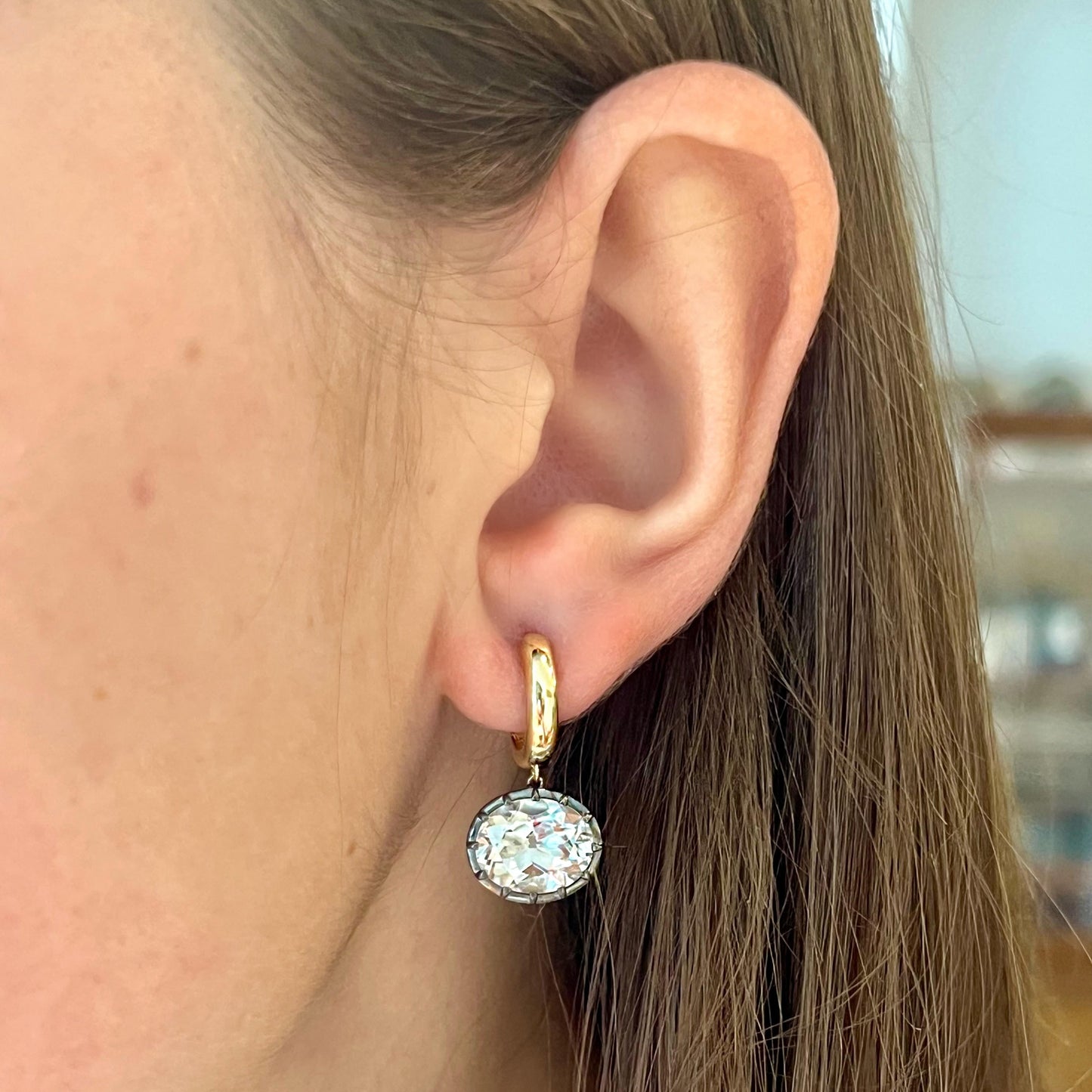 Gold Huggies with White Topaz Drop