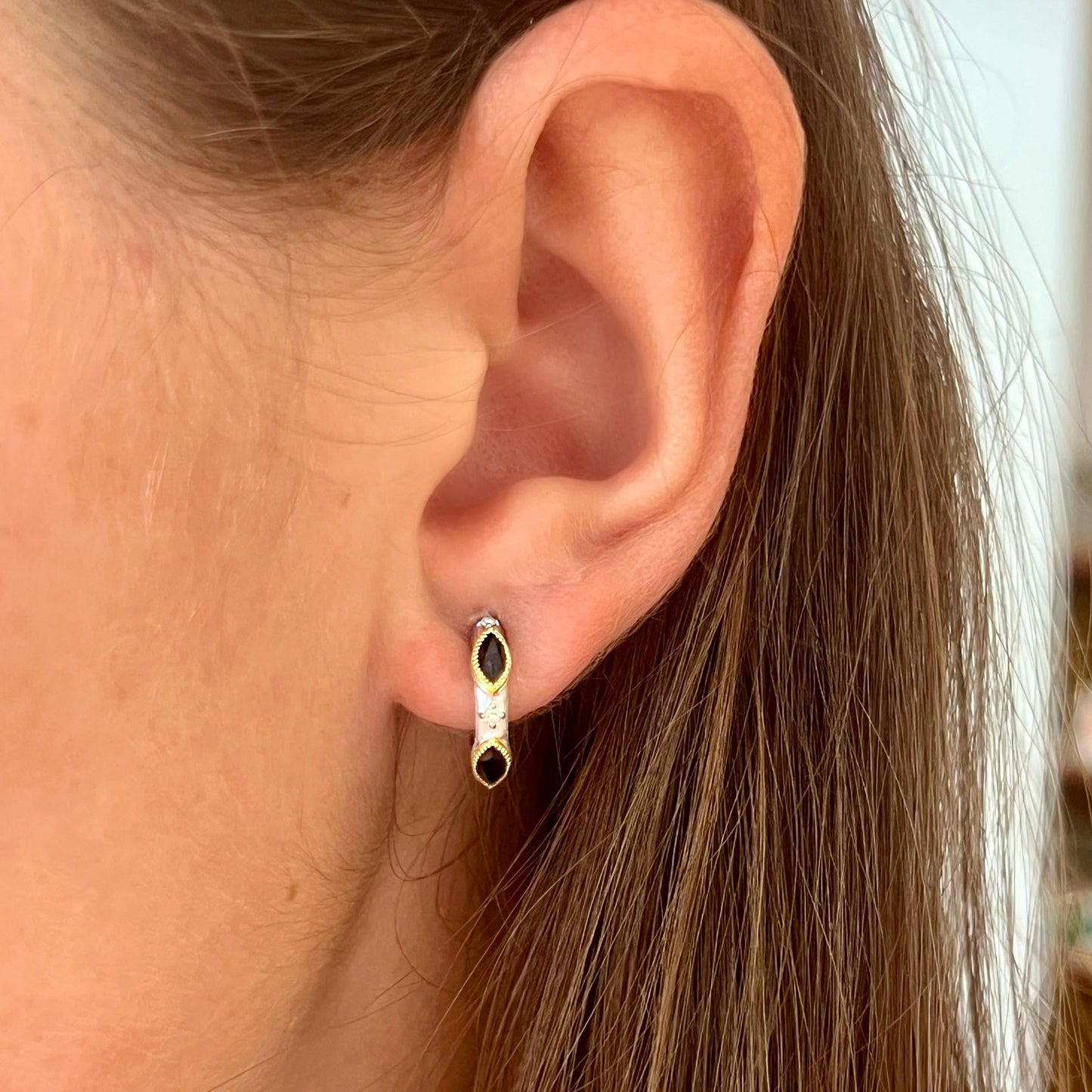 Mixed Metal Black Spinel Hoop Earrings