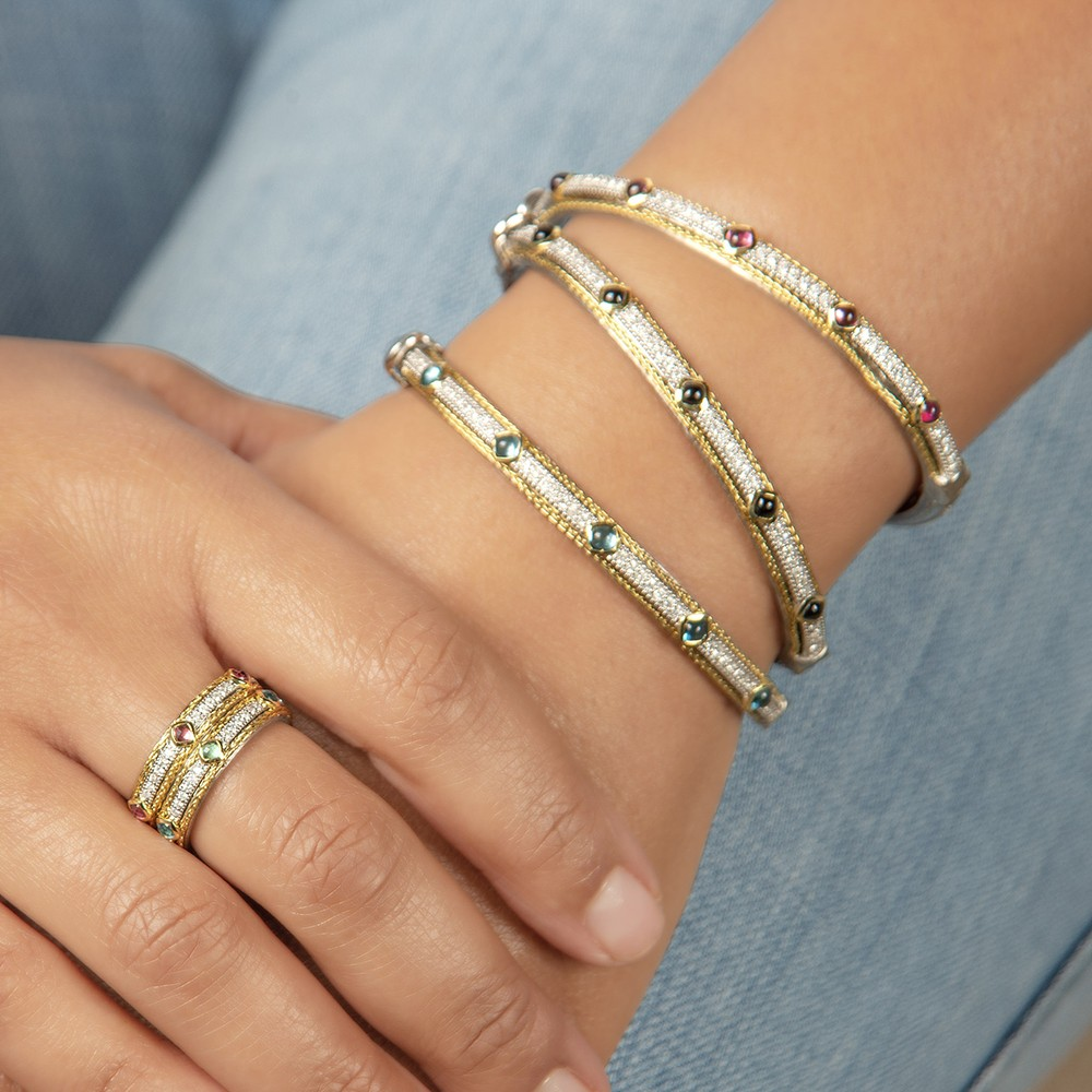 Mixed Metal Double Woven Rope Trim Stones and Diamond Bangle